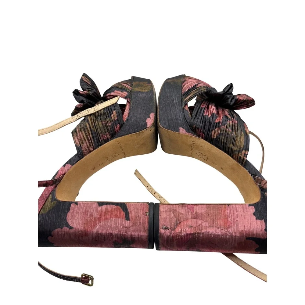 Loeffler Randall Natalia Floral Lame Pleated Bow Platform Sandals‎ Pink Black 9B